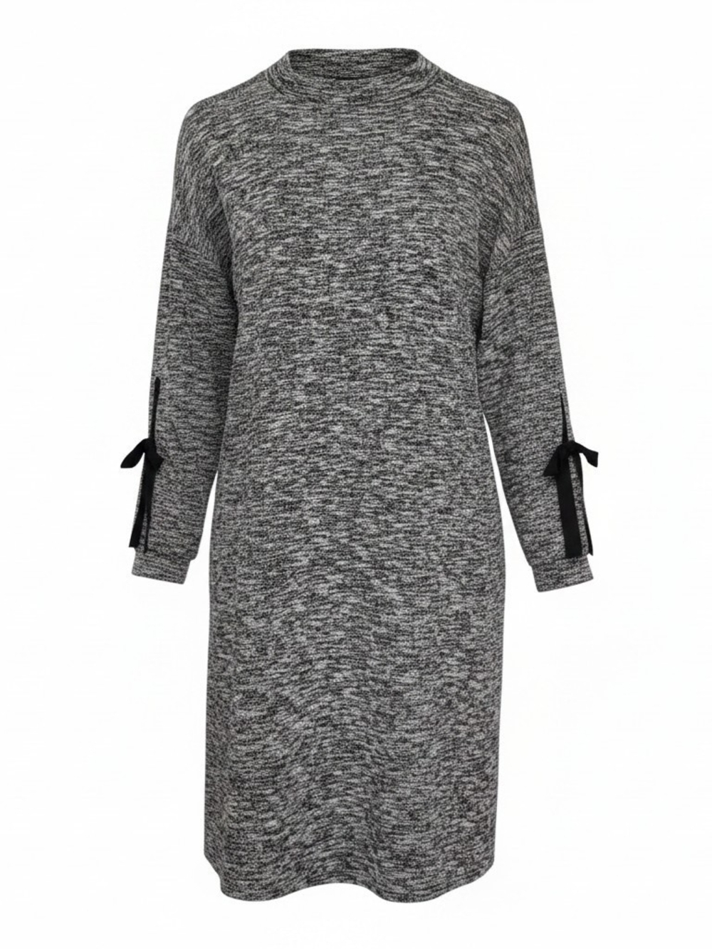 Ophelia Roe Gray Space Dye Knit Mock Neck Dress Black Bow Cuffs Women's L